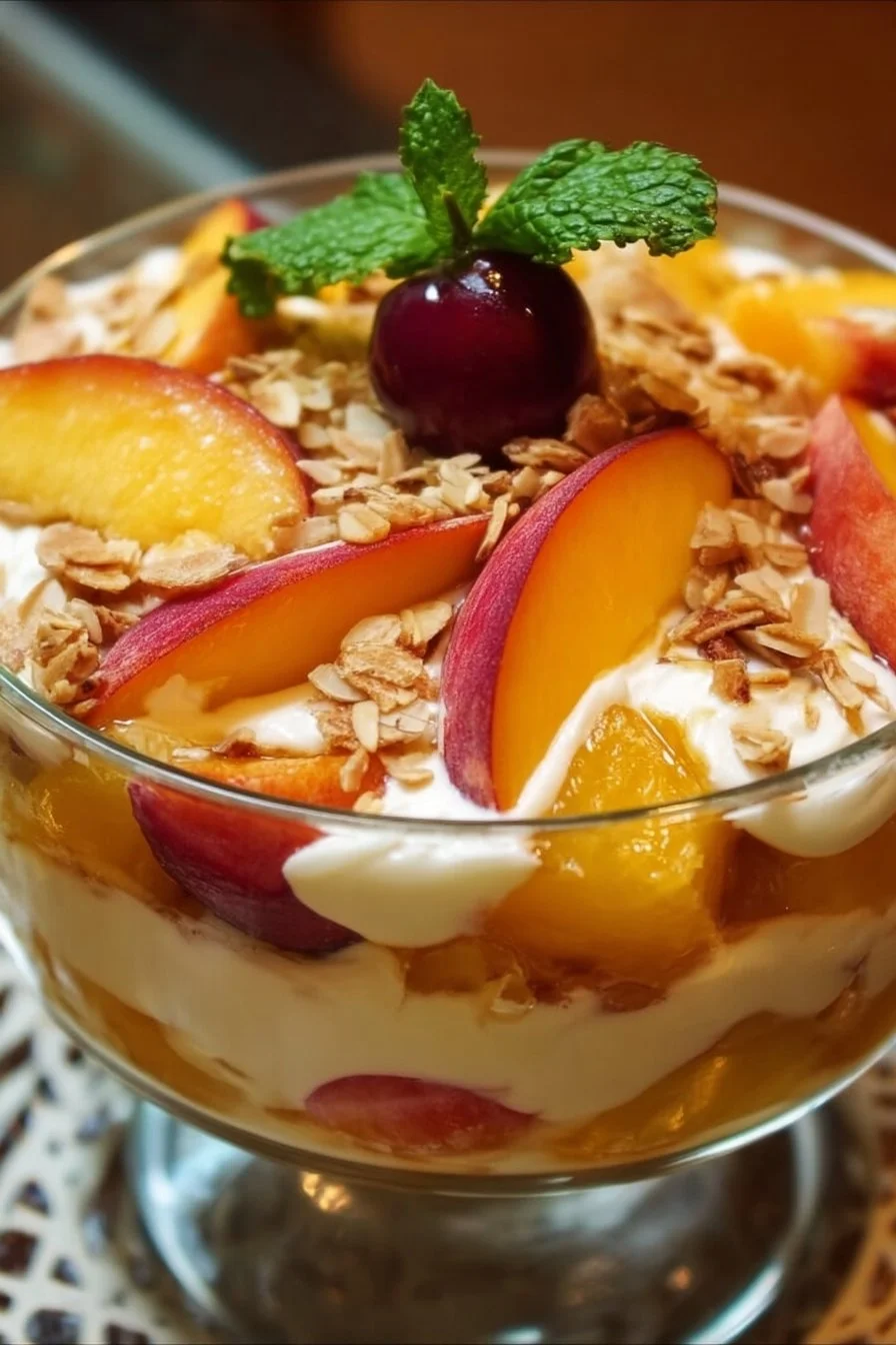 Peach Cobbler Cheesecake Fruit Salad served in a bowl with fresh peaches and cheesecake bits