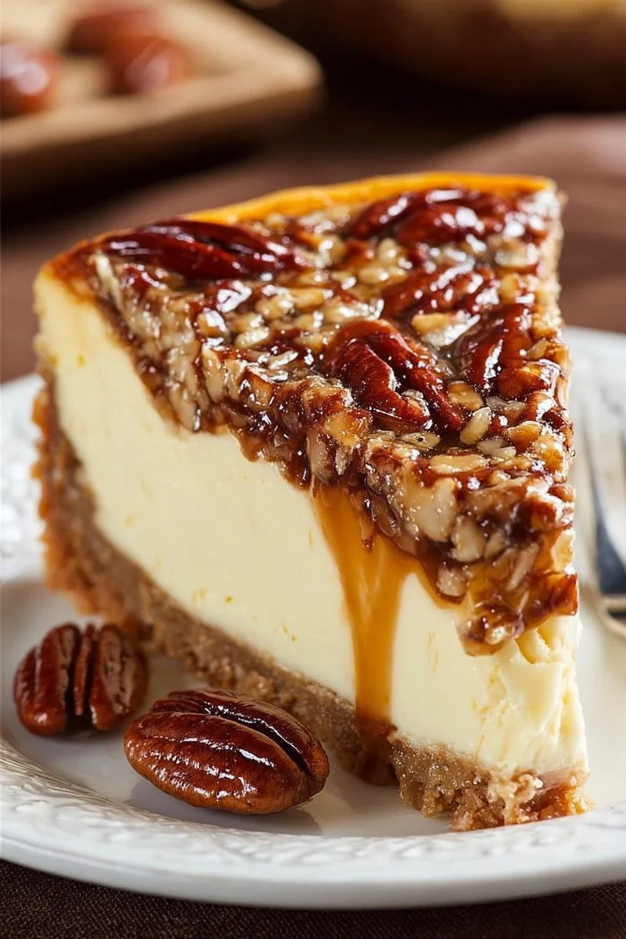 Slice of decadent pecan pie cheesecake topped with pecans and caramel drizzle