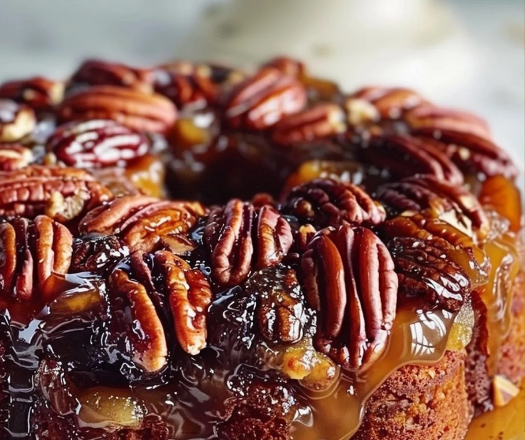 Delicious pecan upside down cake with caramelized pecans on top