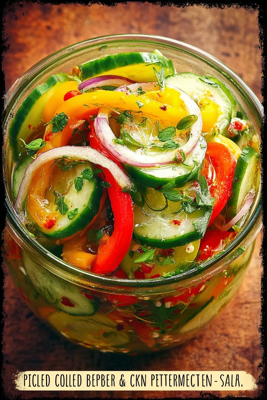 Vibrant pickled cucumber, onion, and bell pepper salad in a serving bowl.