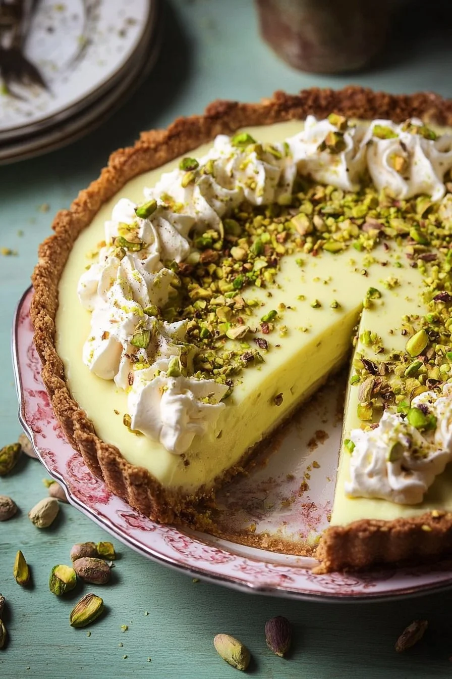 Delicious slice of Pistachio Cream Pie topped with whipped cream and crushed nuts