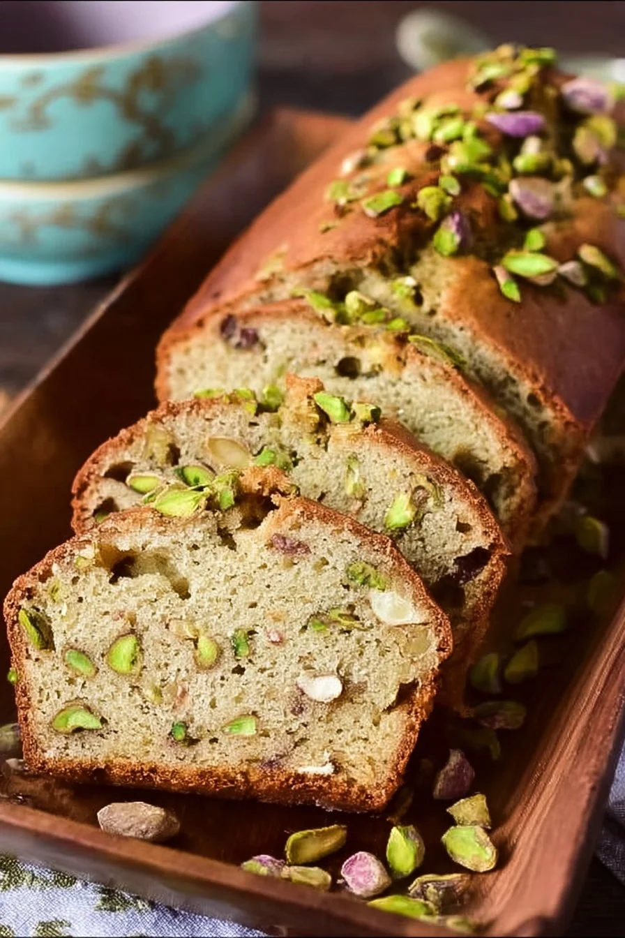 Pistachio pudding bread slice showcasing its green color and texture