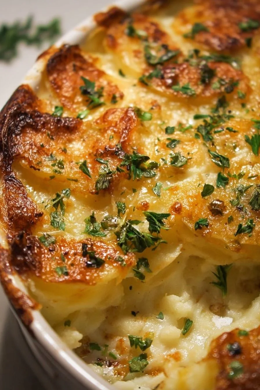 Creamy Potatoes Romanoff dish with cheese and seasonings