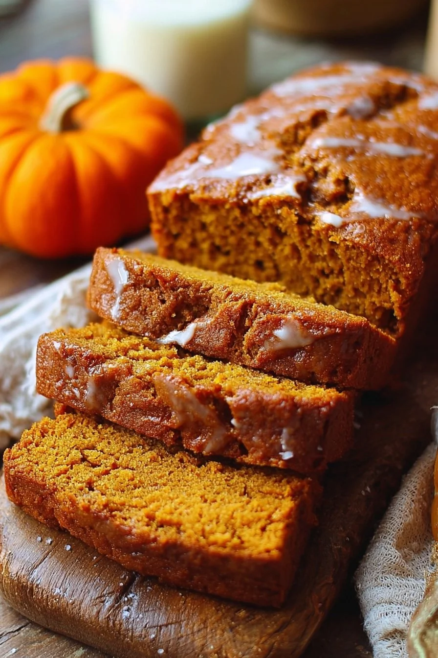 Loaf of homemade pumpkin bread with spices and fall decorations