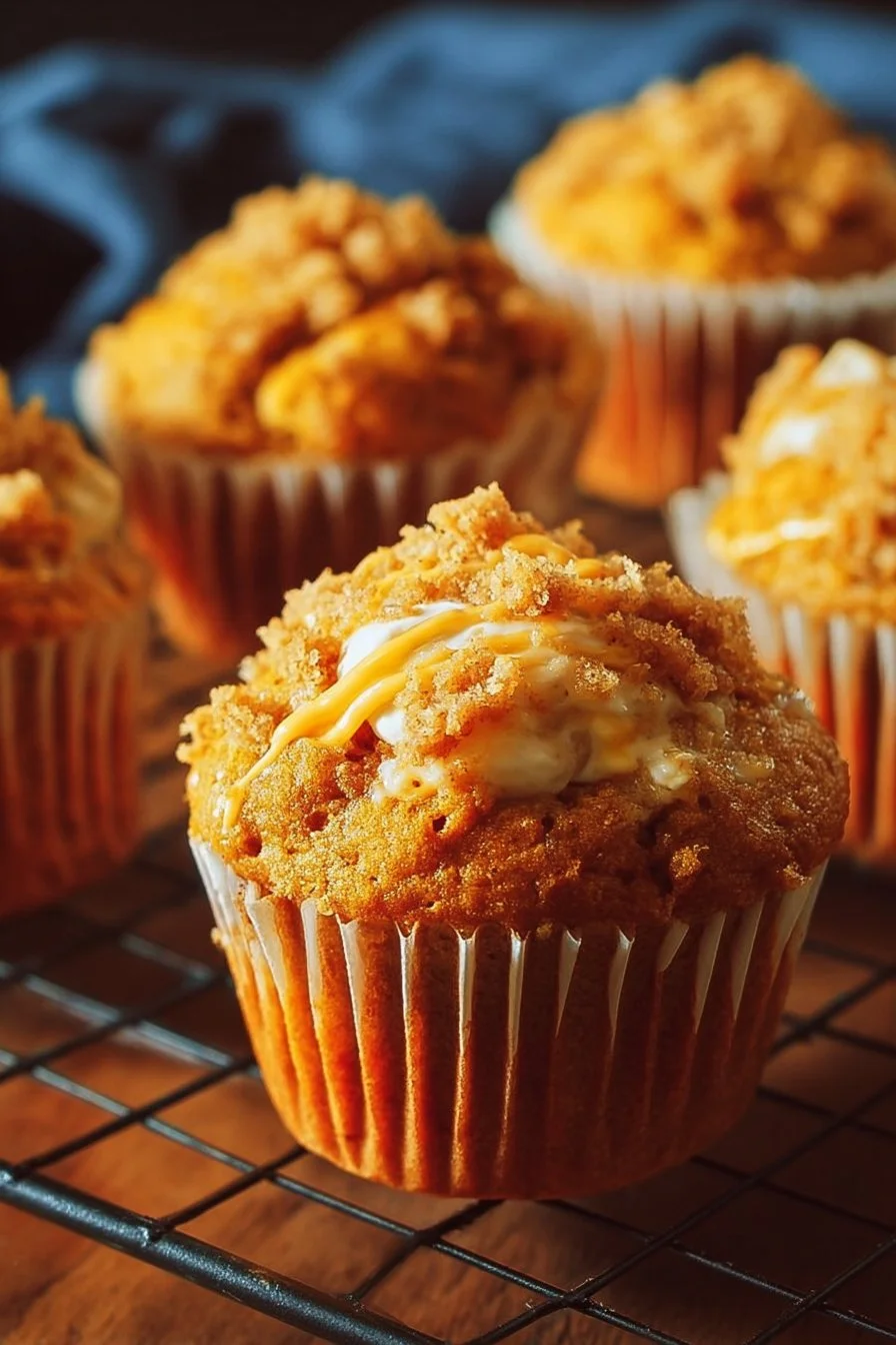 Delicious Pumpkin Cream Cheese Muffins topped with cream cheese frosting