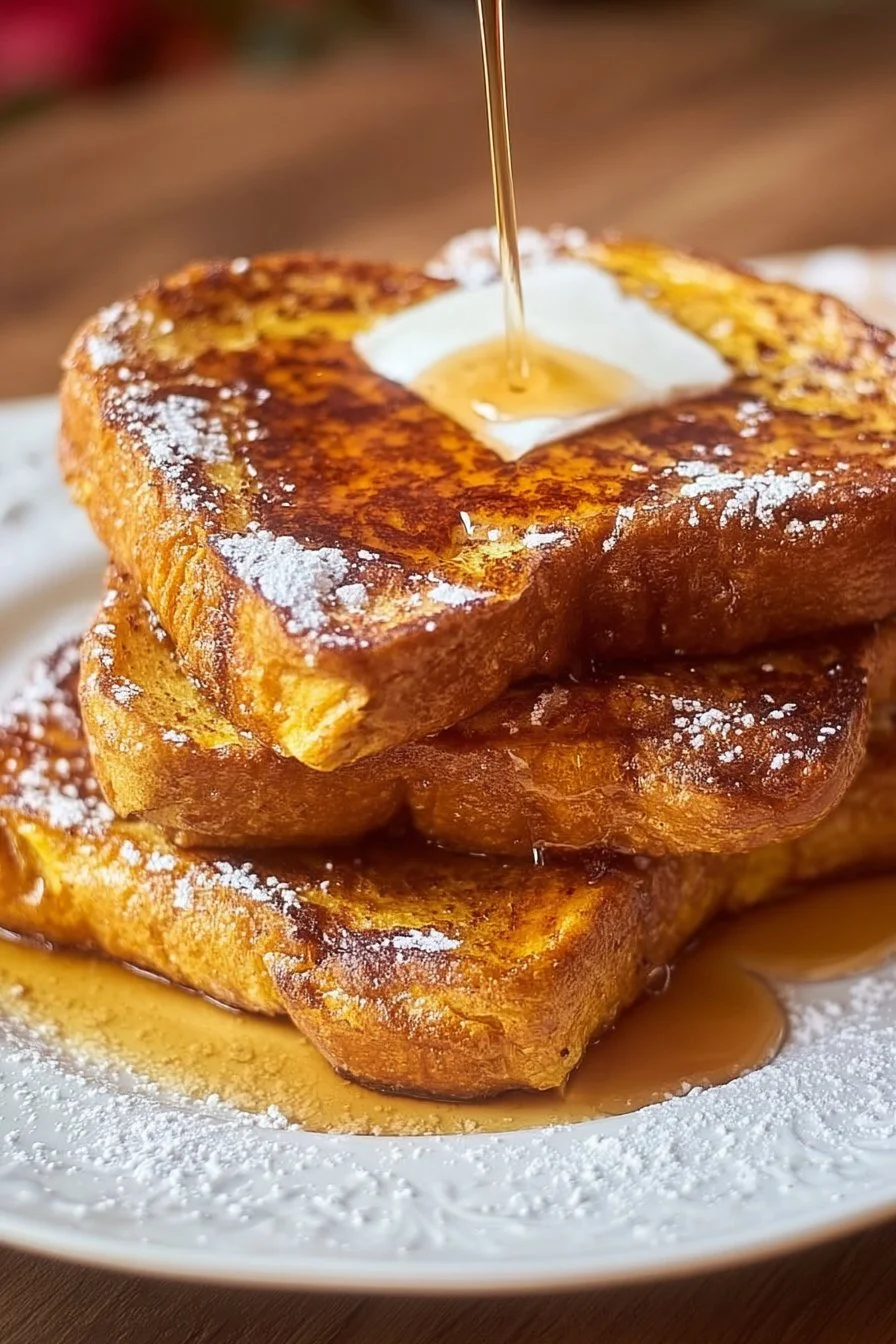 Delicious Pumpkin French Toast topped with maple syrup and whipped cream.
