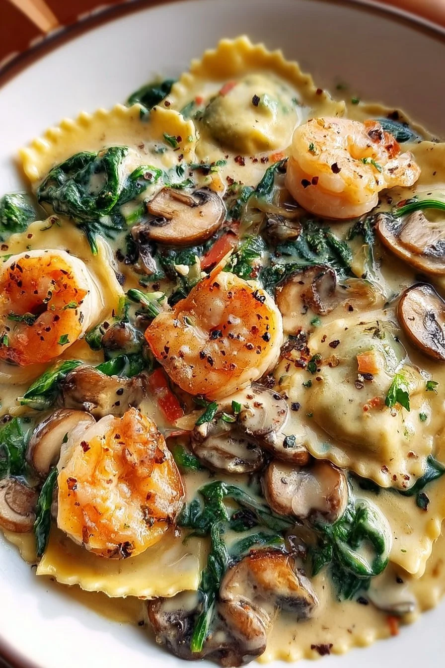 Ravioli with seafood, spinach, and mushrooms in garlic cream sauce