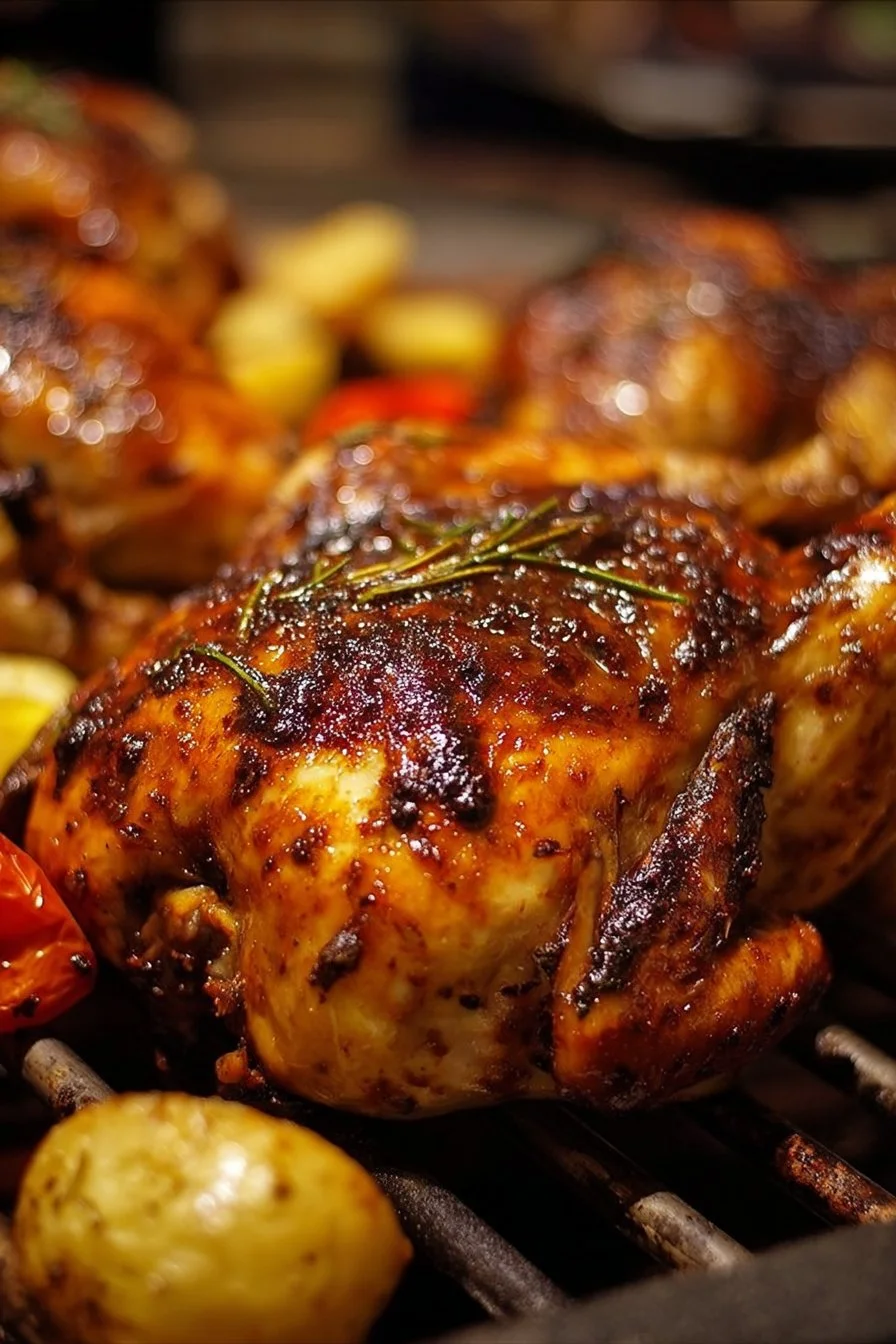 Perfectly roasted chicken garnished with herbs and spices on a serving plate.