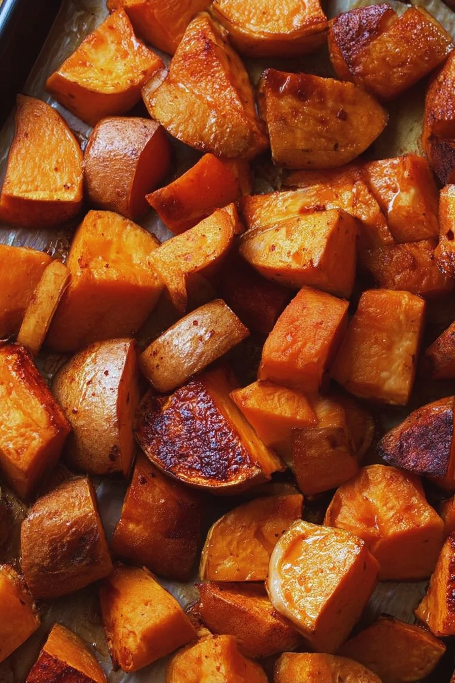 Roasted apple cinnamon sweet potatoes on a serving platter