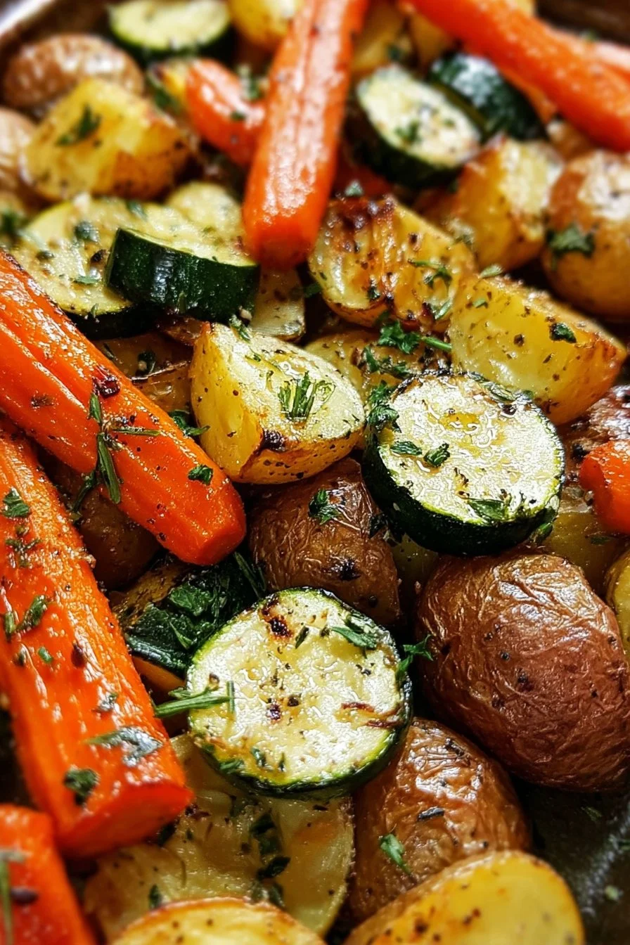 A plate of roasted potatoes, carrots, and zucchini garnished with herbs