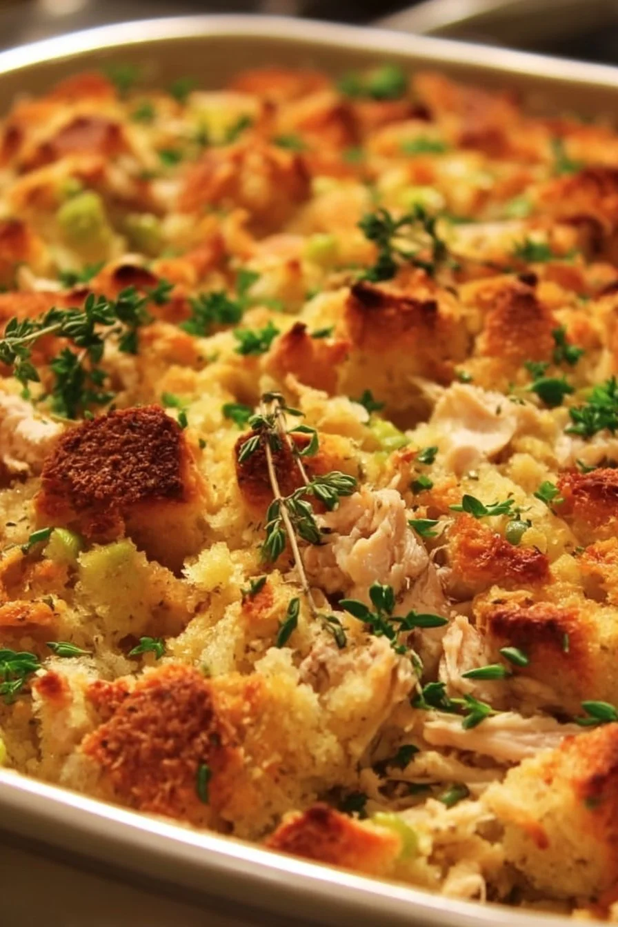 Delicious rotisserie chicken and stuffing casserole ready to serve