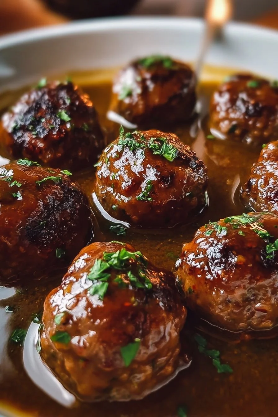 Salisbury Steak Meatballs served with gravy and mashed potatoes on a plate.