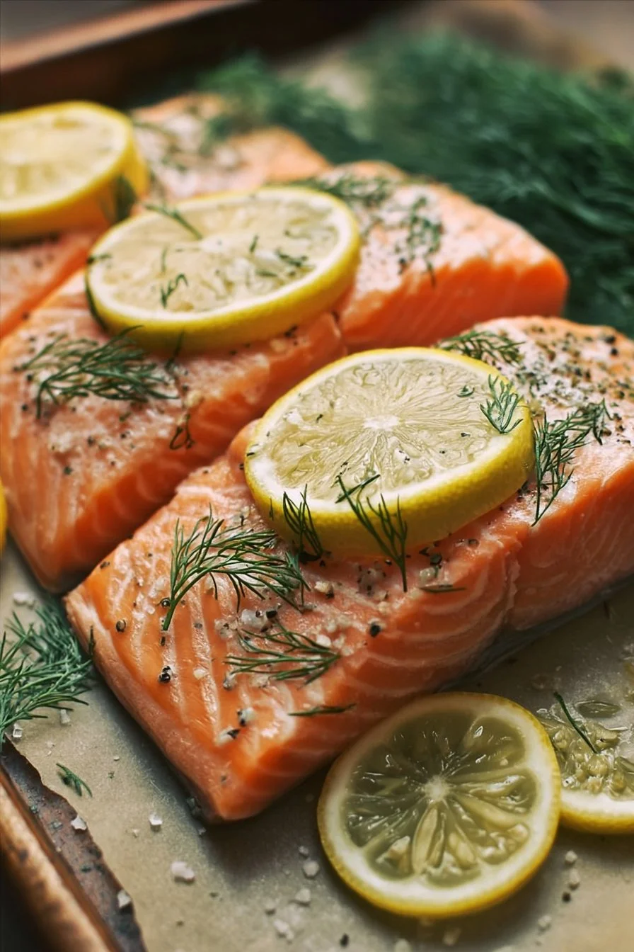 Grilled salmon fillet topped with lemon slices and fresh dill garnish