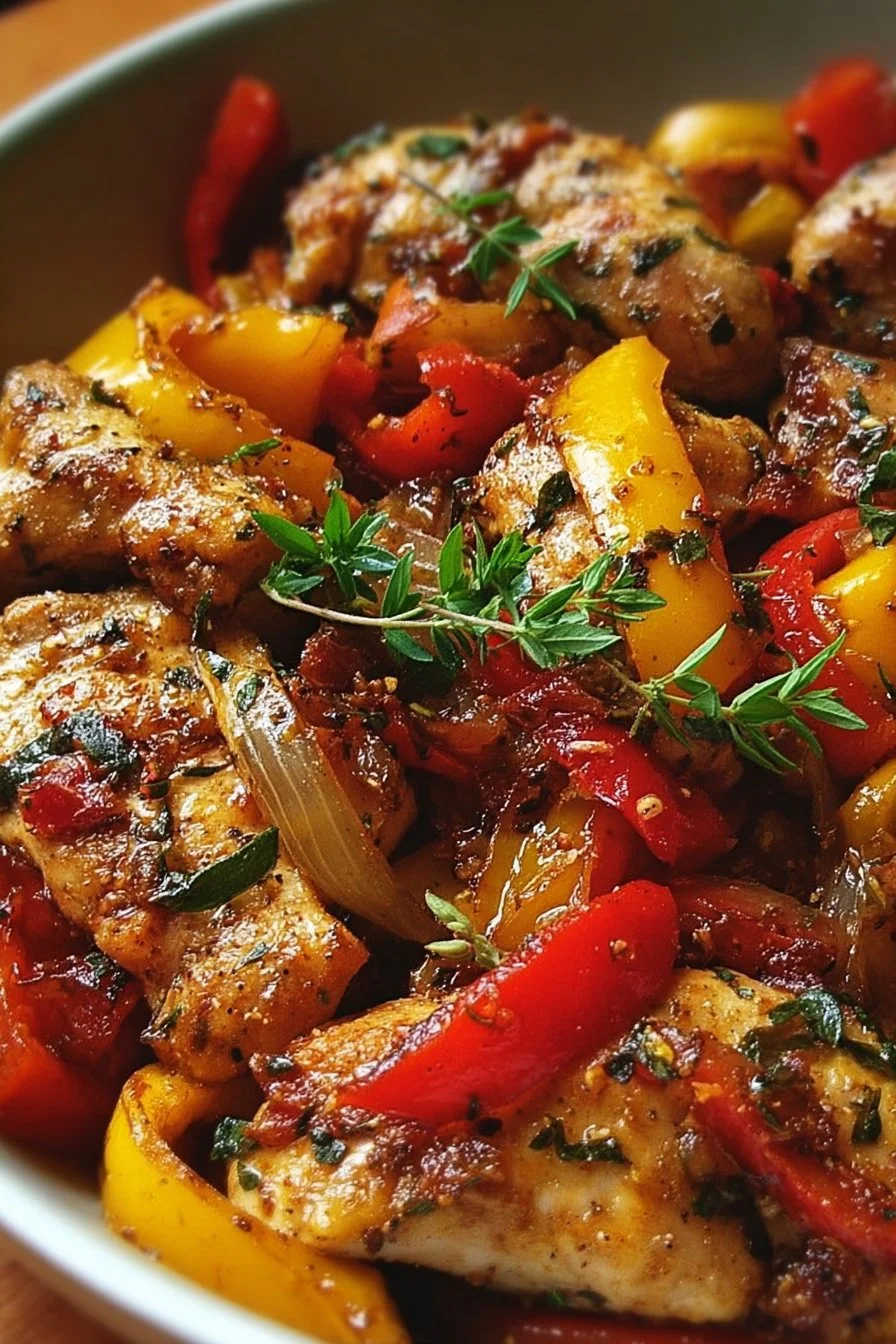 Savory Italian chicken with peppers and meat served in a skillet