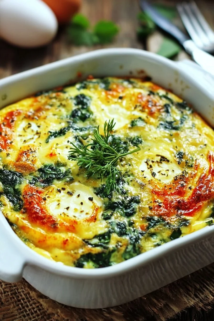 Savory spinach mozzarella egg bake fresh out of the oven