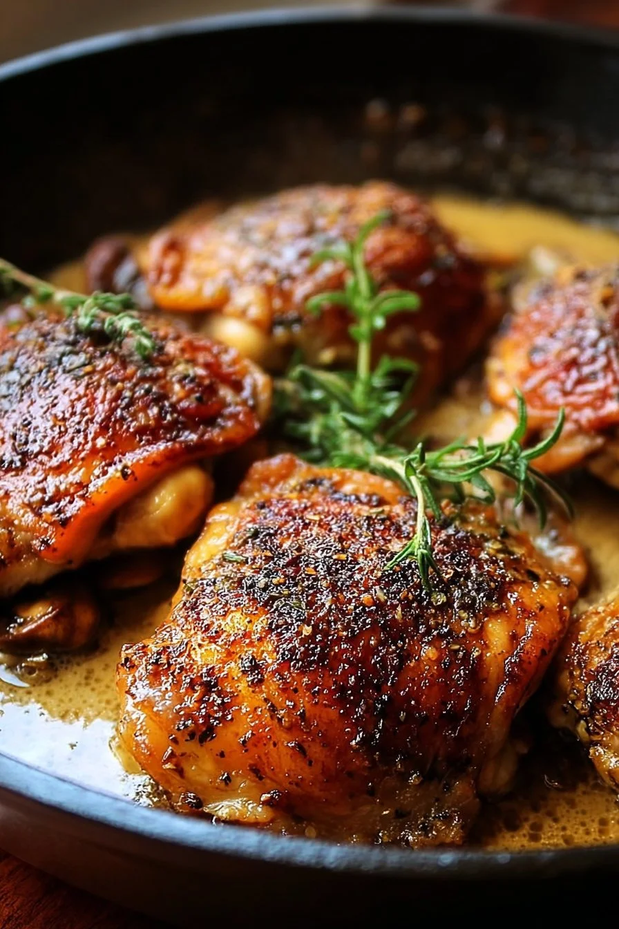 Pan-seared skillet chicken thighs garnished with herbs and spices