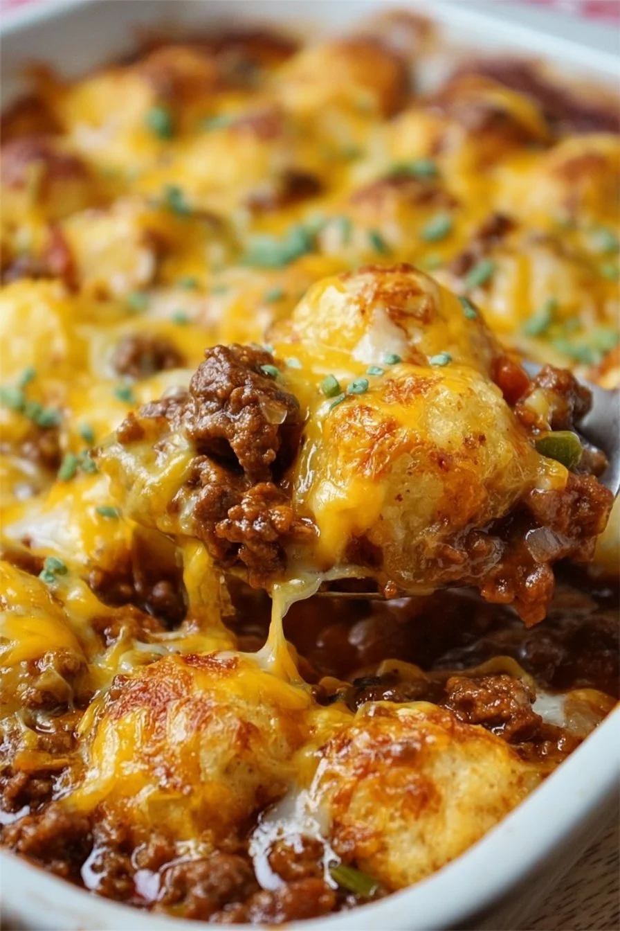 Delicious Sloppy Joe Casserole with bubbly topping ready to serve