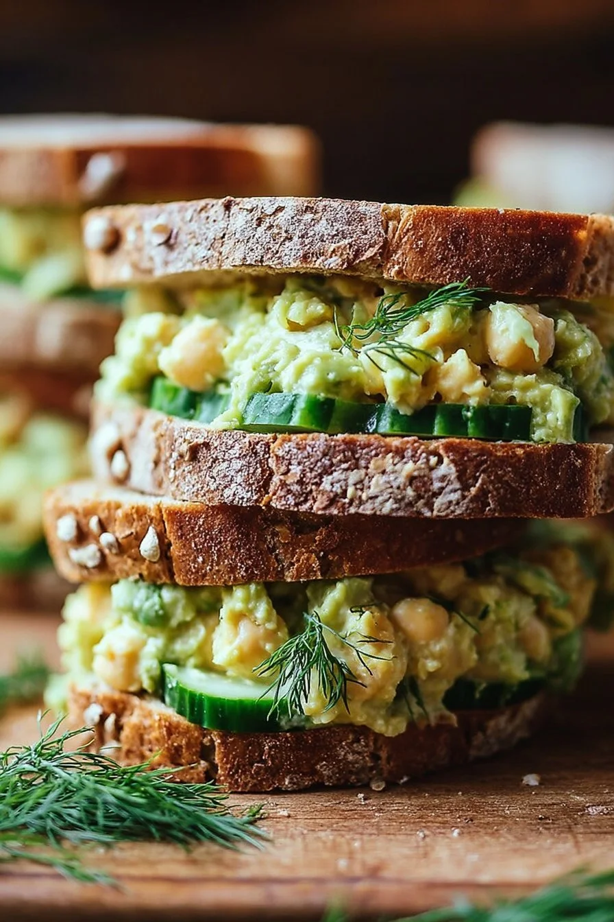 Smashed chickpea avocado dill pickle sandwich on a plate