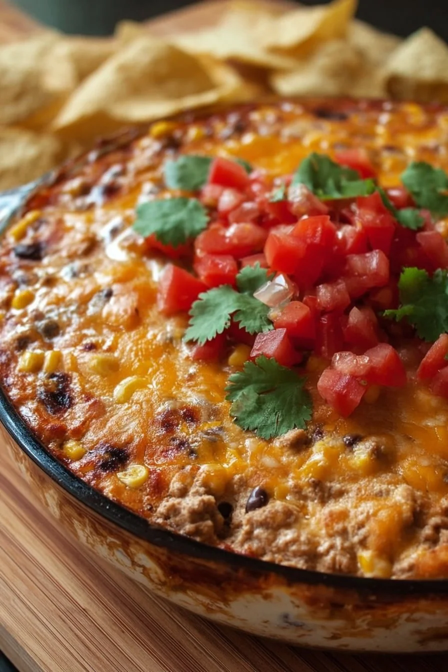 Delicious smoked taco dip served in a bowl with tortilla chips