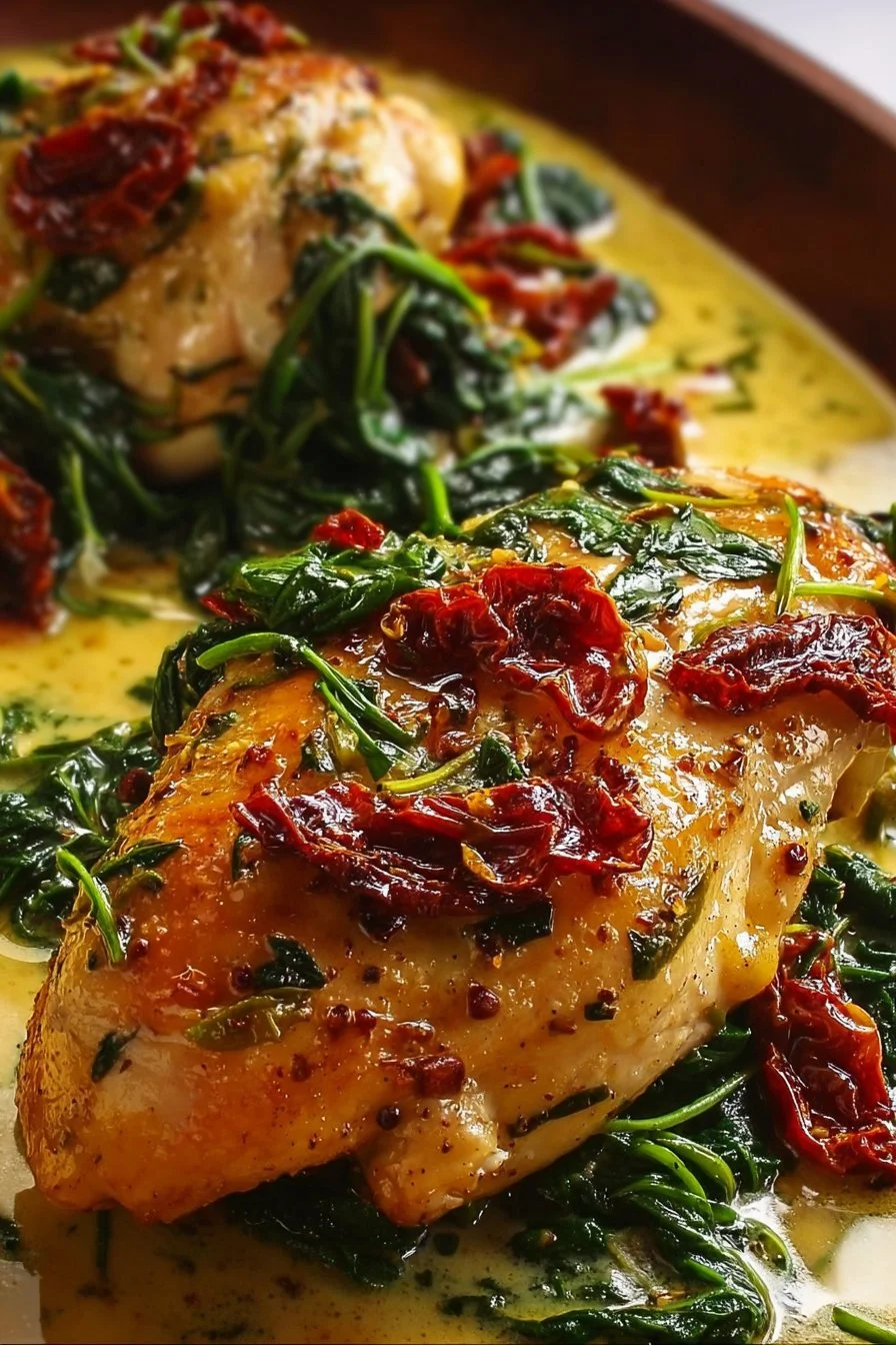 Smothered baked chicken with creamed spinach and sun-dried tomatoes on a plate.