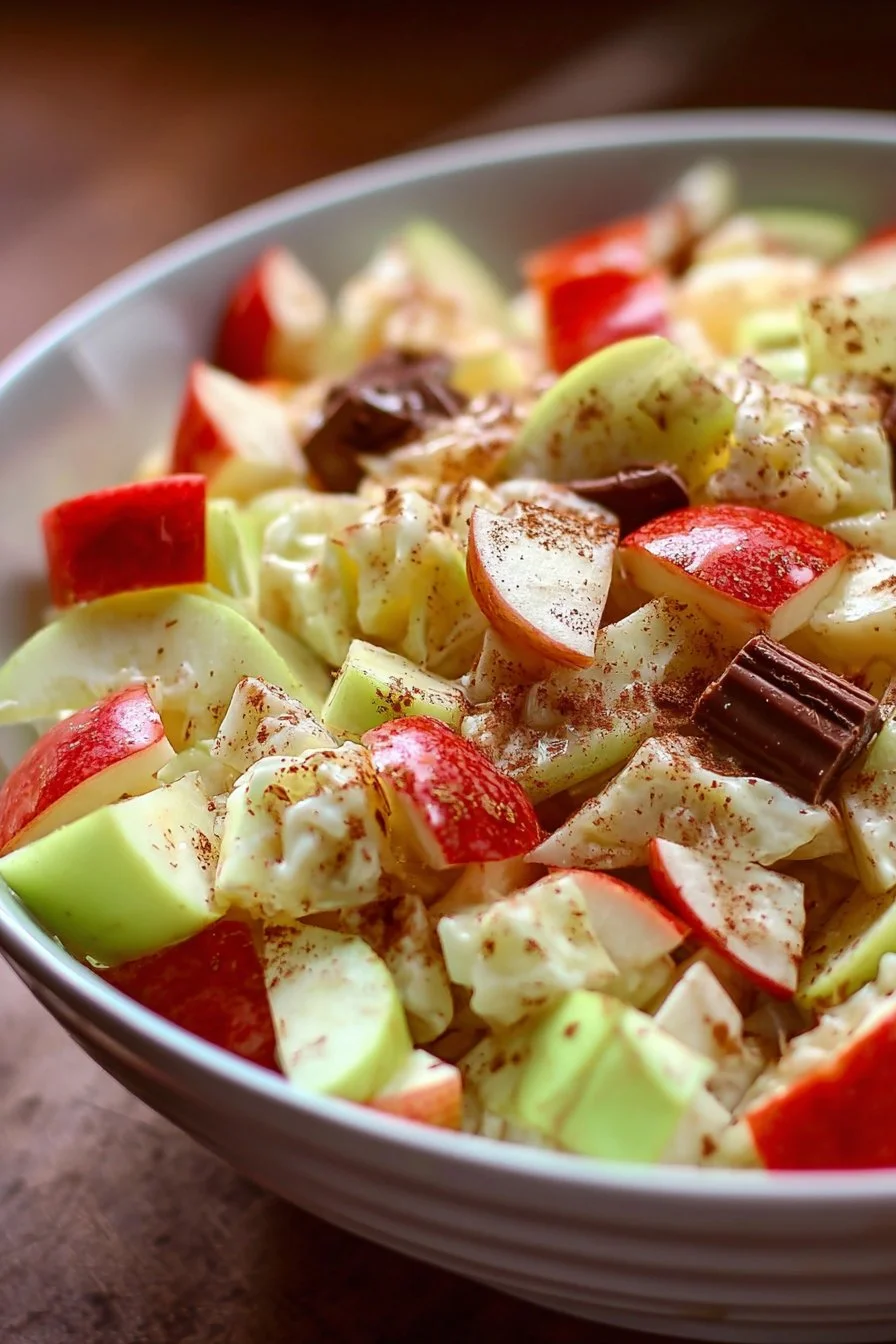 Bowl of Snicker Apple Salad topped with Snickers and apples