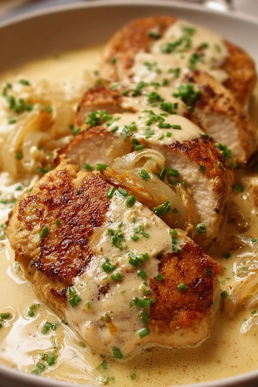Delicious Sour Cream and Onion Chicken served with herbs and vegetables