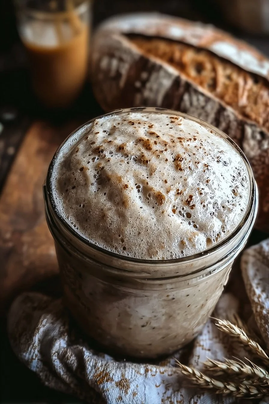 A jar of bubbly sourdough starter ready for baking bread.