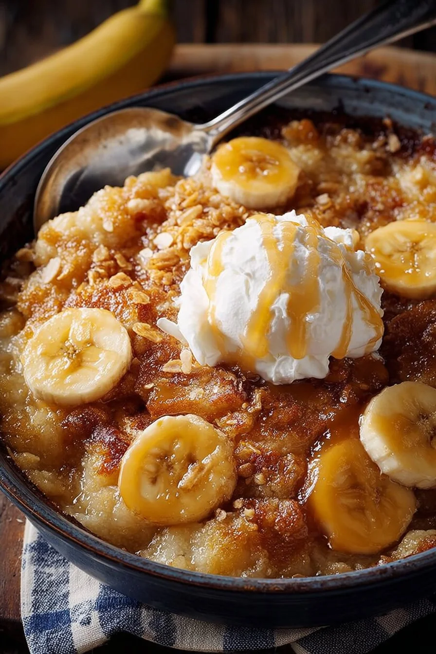 Delicious Southern banana cobbler served in a dish