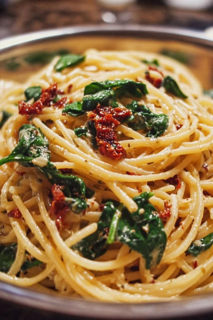 Spaghetti with spinach in sun-dried tomato cream sauce served in a bowl