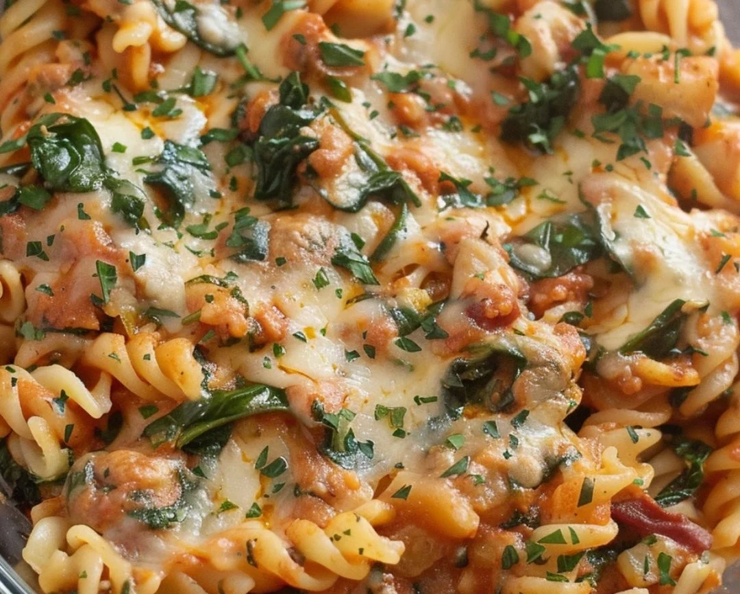 Delicious Spinach Ziti with melted cheese and fresh spinach in a baking dish.