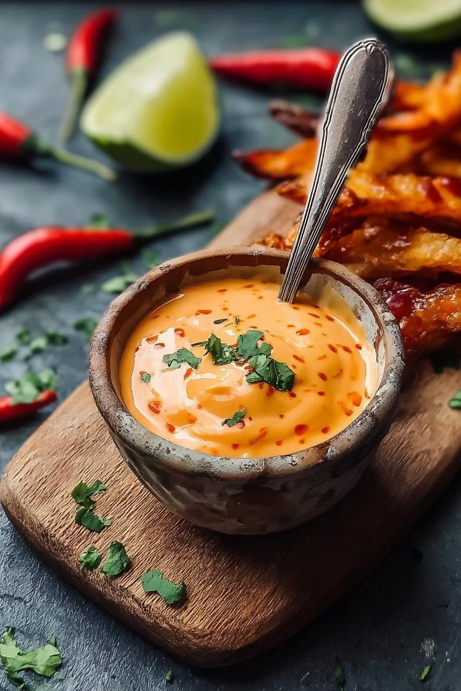 Sriracha Aioli drizzled over crispy fries on a wooden table.