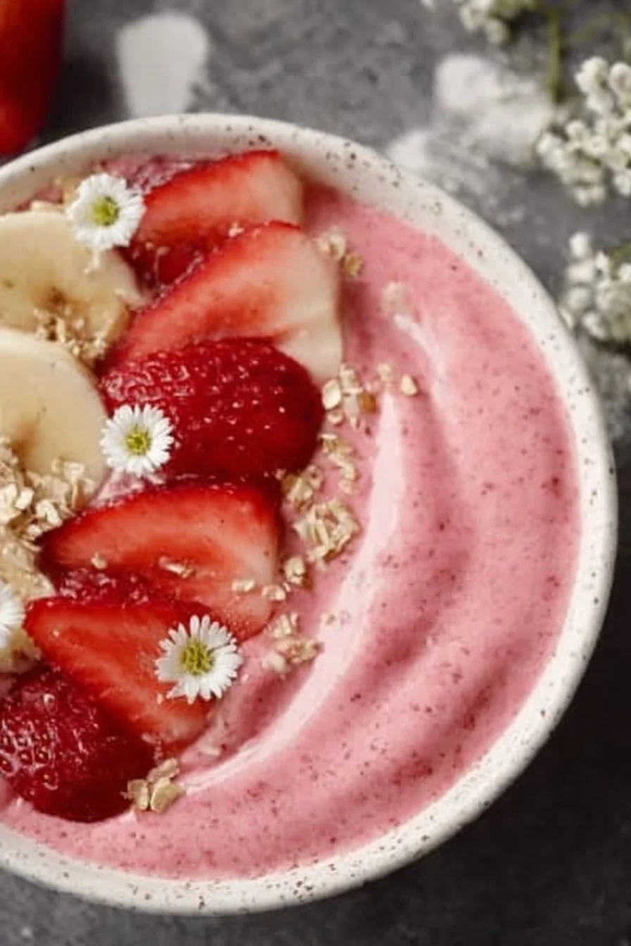 Strawberry Banana Smoothie Bowl topped with fresh fruits and granola