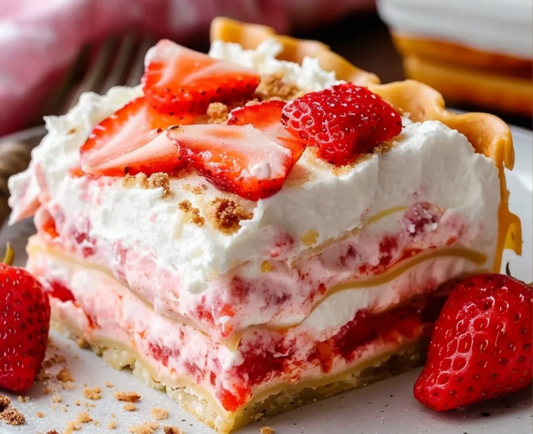 Delicious strawberry lasagna dessert with cream and fresh strawberries layered
