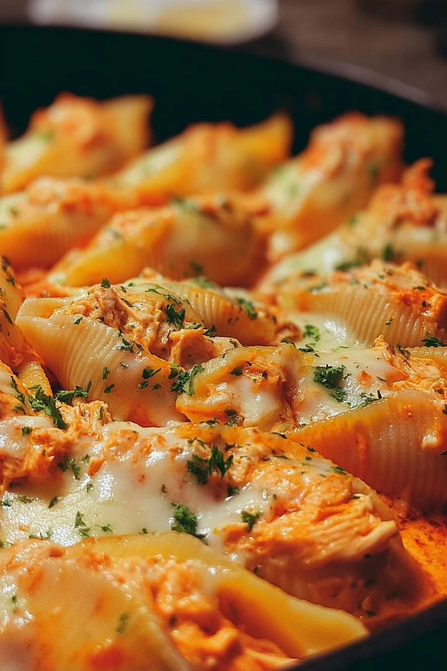 Stuffed Buffalo Chicken Shells topped with cheese and garnished with green onions.