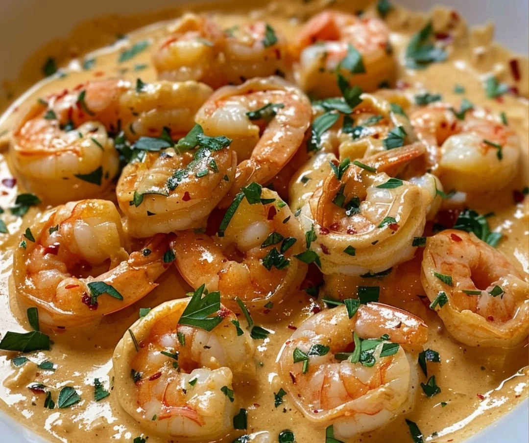 Delicious shrimp in creamy garlic-paprika sauce served in a bowl
