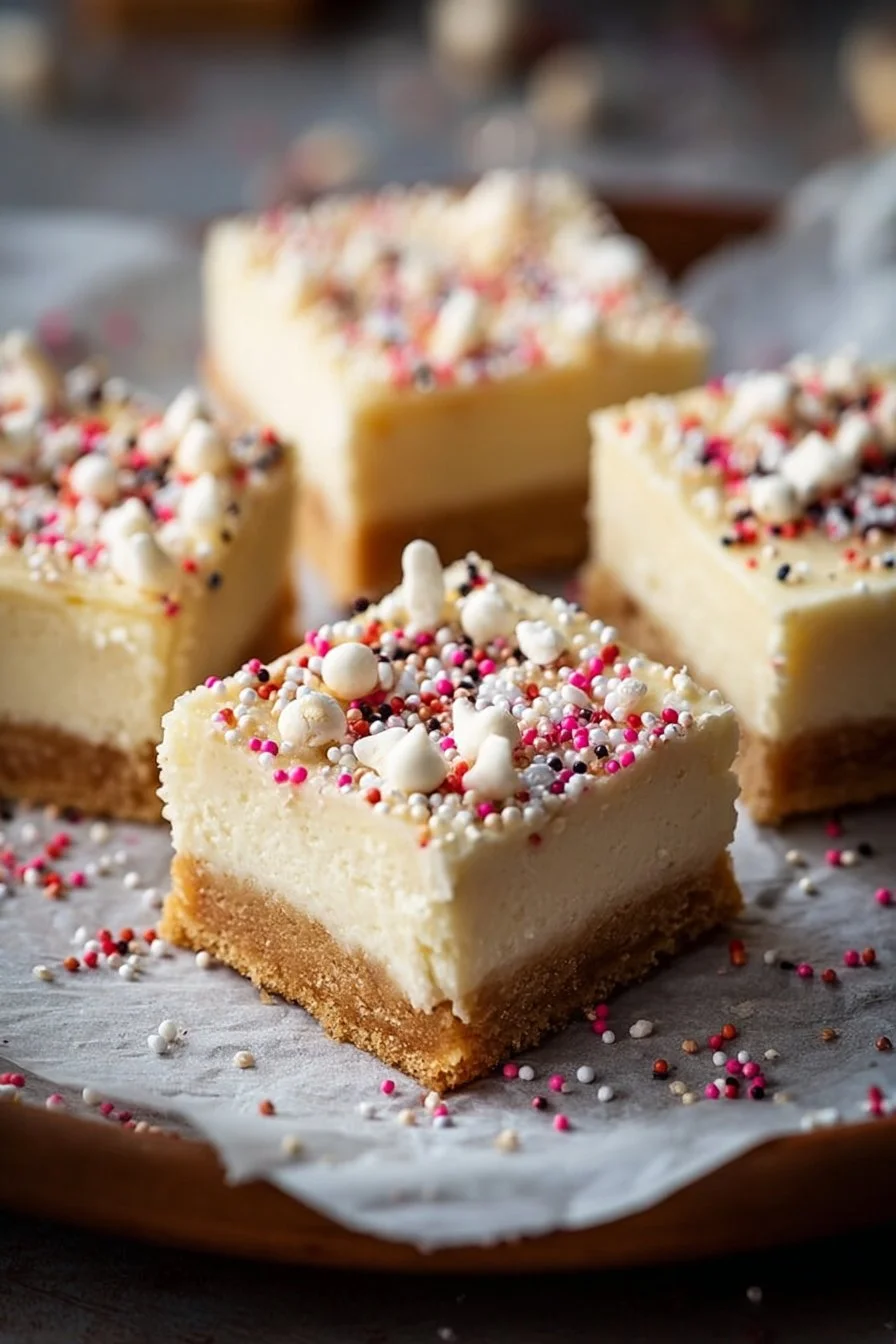 Slice of sugar cookie cheesecake bars on a plate