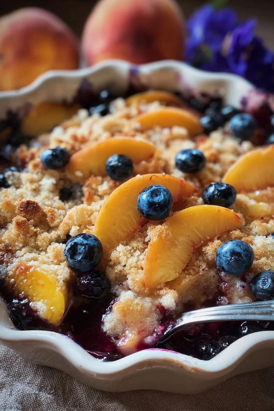 Delicious Summer Peach and Blueberry Cobbler topped with golden crust