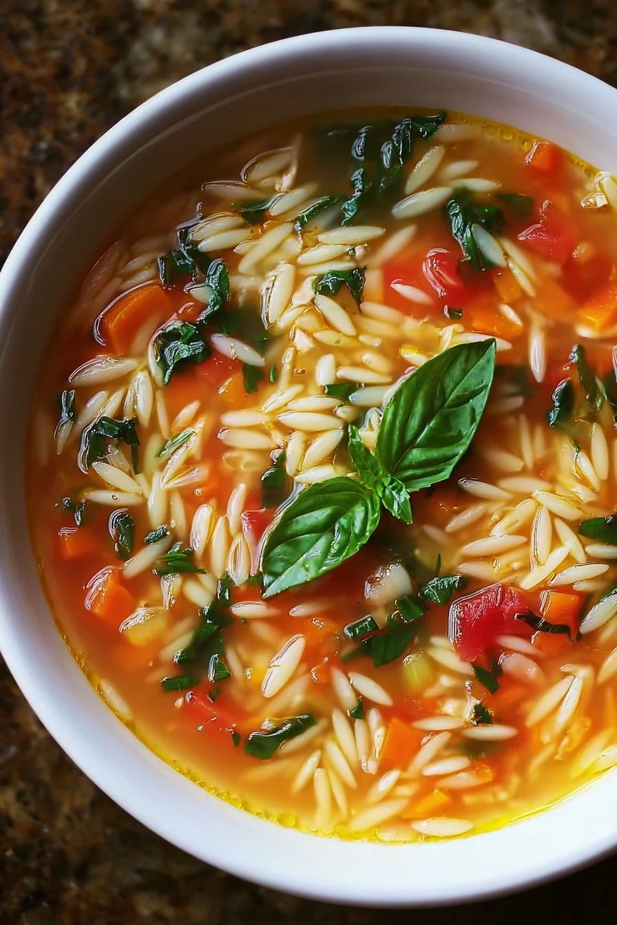 Bowl of fresh summery orzo soup with vegetables and herbs