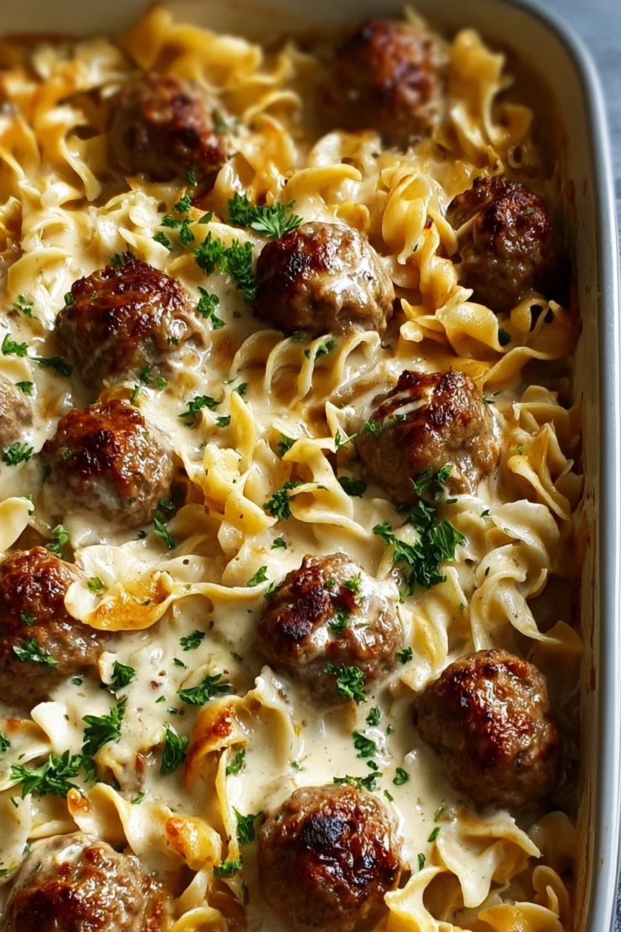 Baked Swedish meatball noodle dish topped with cheese