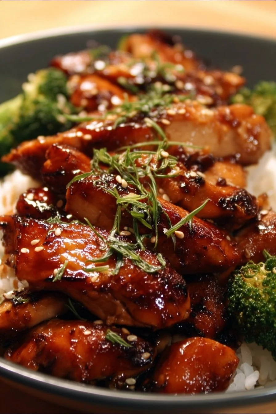 Delicious teriyaki chicken served with steamed vegetables and rice