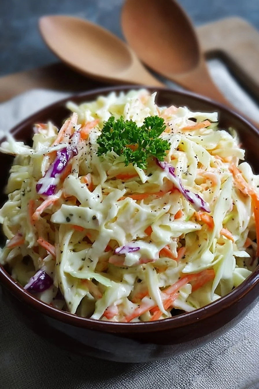 Bowl of old-fashioned creamy coleslaw topped with fresh herbs
