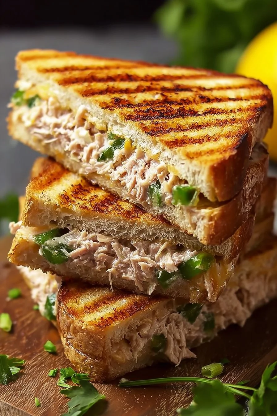 Tuna melt grilled sandwich with melted cheese and tuna on toasted bread