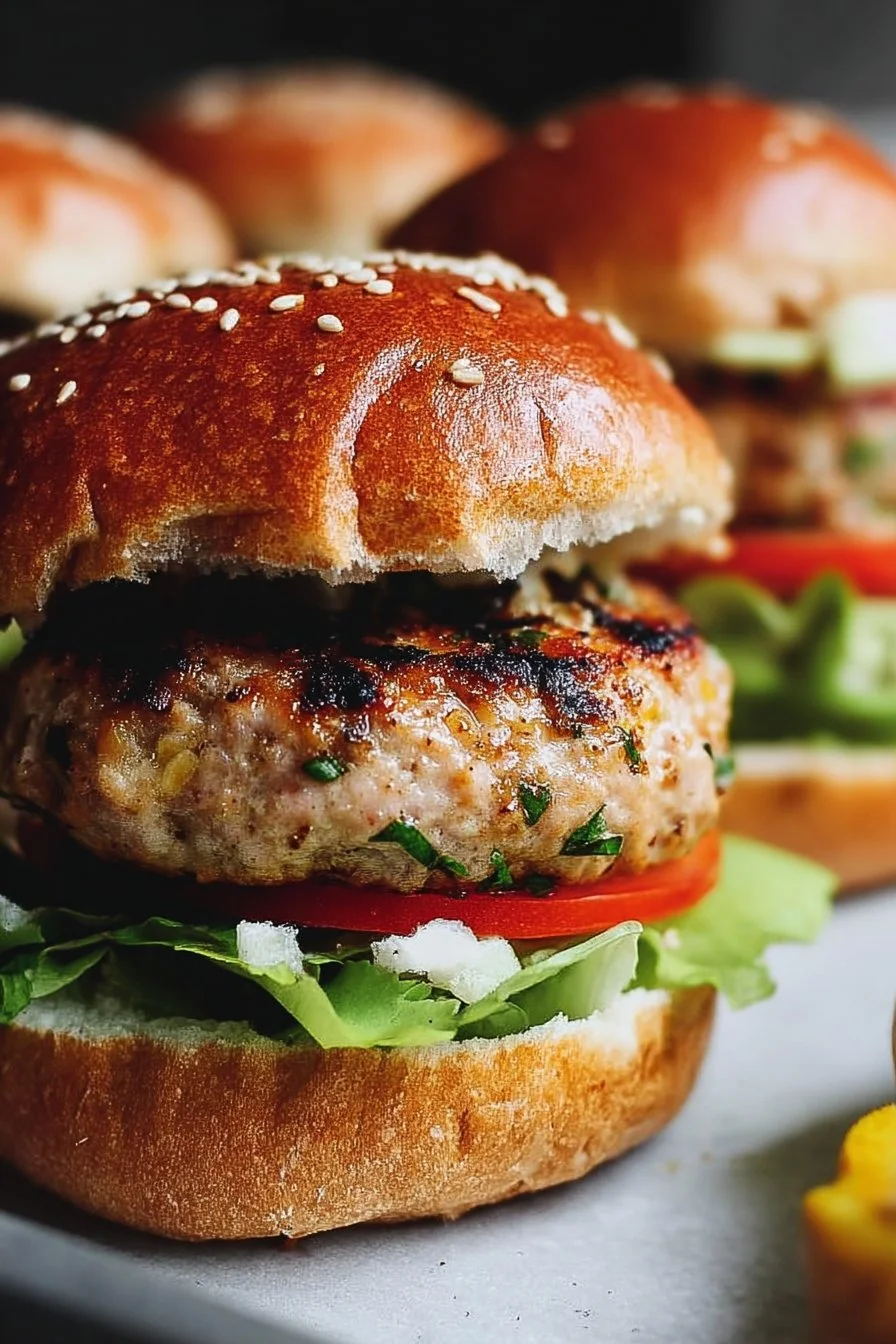 Juicy homemade turkey burgers on a grill with fresh toppings.