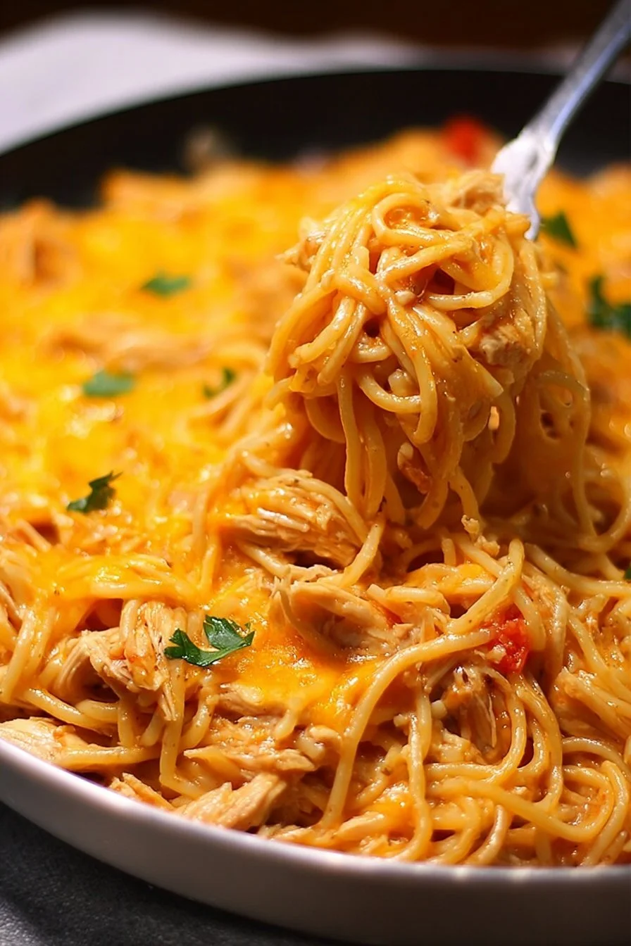 Delicious plate of Ultimate Chicken Spaghetti garnished with herbs
