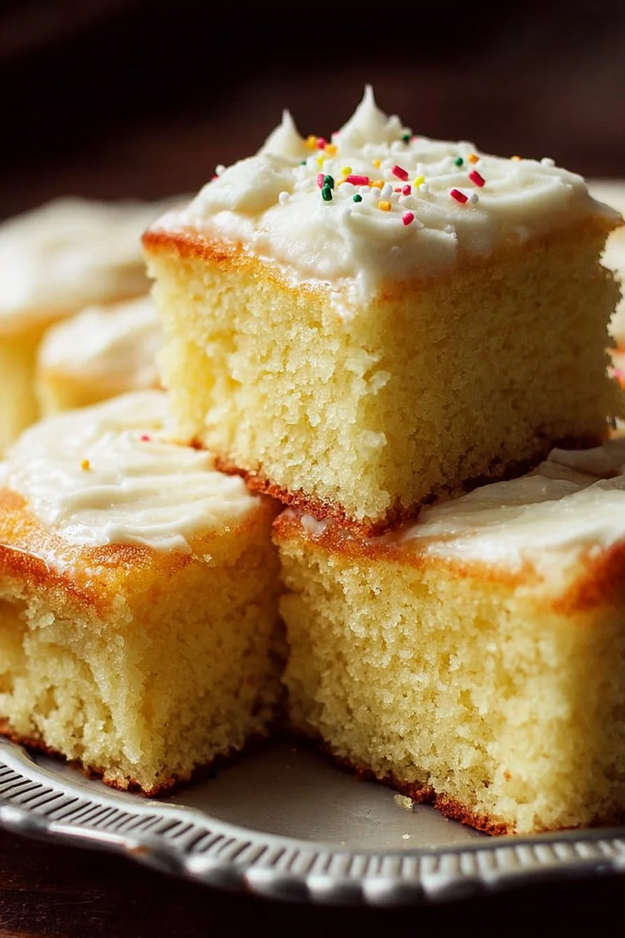 Delicious and fluffy vanilla sheet cake served on a white plate