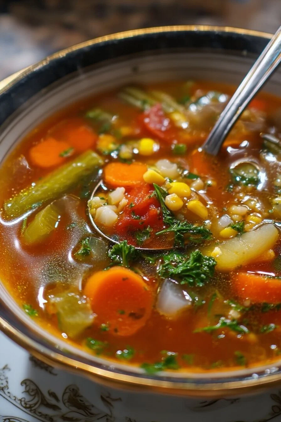 Bowl of colorful vegetable soup with fresh ingredients and herbs
