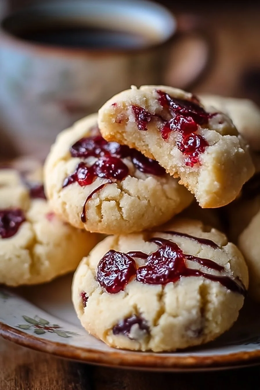 Delicious white chocolate cherry shortbread cookies on a plate