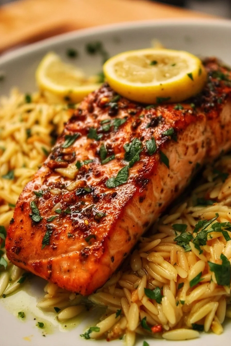 30-Minute seared salmon with lemon orzo on a plate