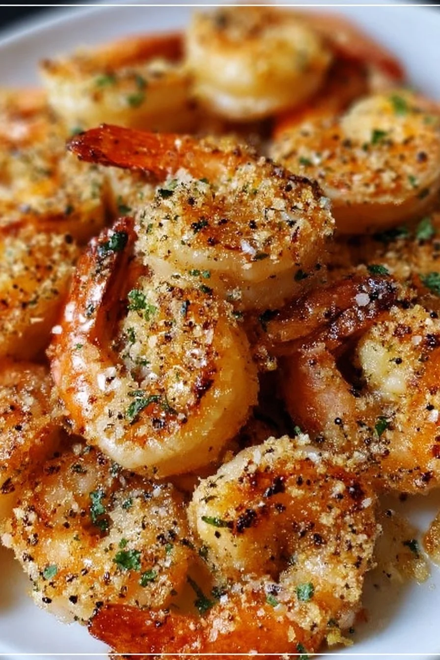 Plate of Air Fryer Garlic Parmesan Shrimp garnished with parsley.