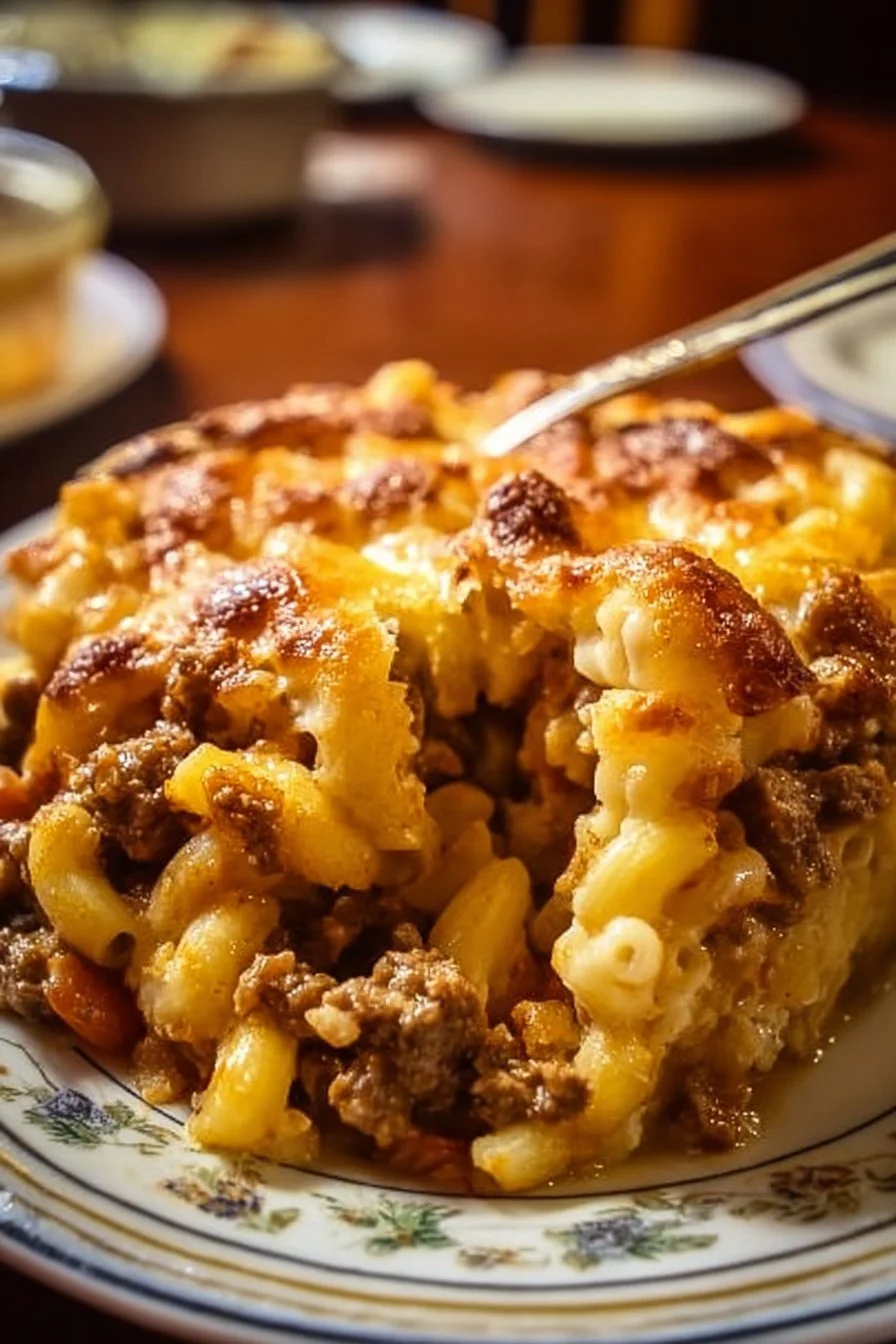 Delicious Amish Country Casserole served in a rustic dish, showcasing hearty ingredients.